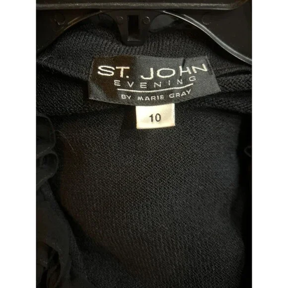 St. John Evening Women’s Santana Knit Silk Ruffle 2pc Pant Suit size 14 Black - Picture 8 of 11
